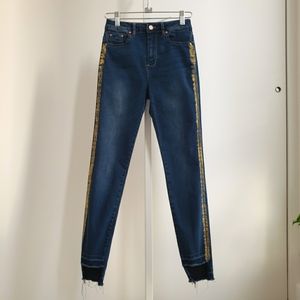 Women High Rise Fall Skinny Jeans Gold Side Stripe Size 26 Blue